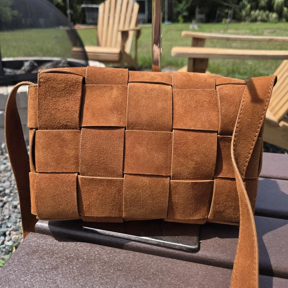 FURNIQ Hoxton‎ Camel Brown Woven Suede Handbag Crossbody MSRP $350